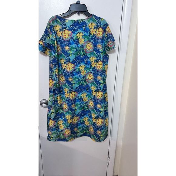 Chelsea Gunn Womens Tunic Blouse Short Sleeve Floral Blue Yellow Large - Picture 5 of 10